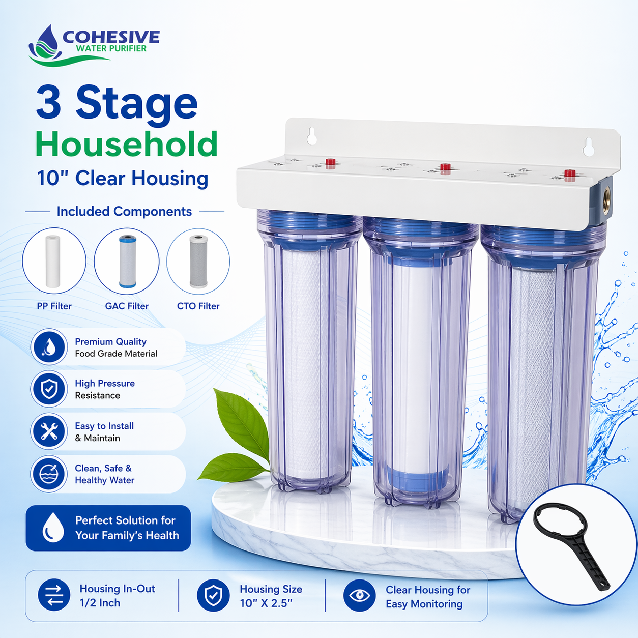 3 Stage Household 10 Inch Clear Housing Water Filter.